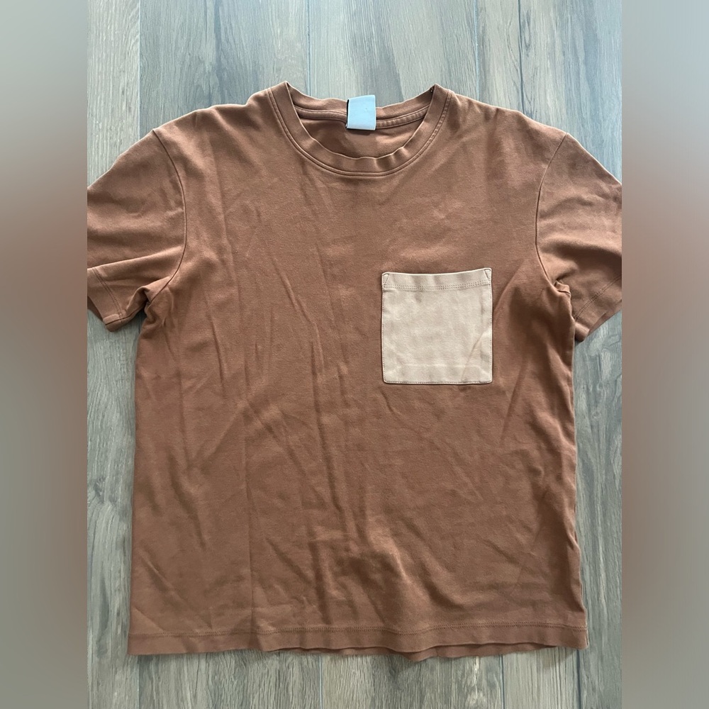ZARA Men's Terracotta Orange Brown Crewneck Short Sleeve SZ Small White Pocket